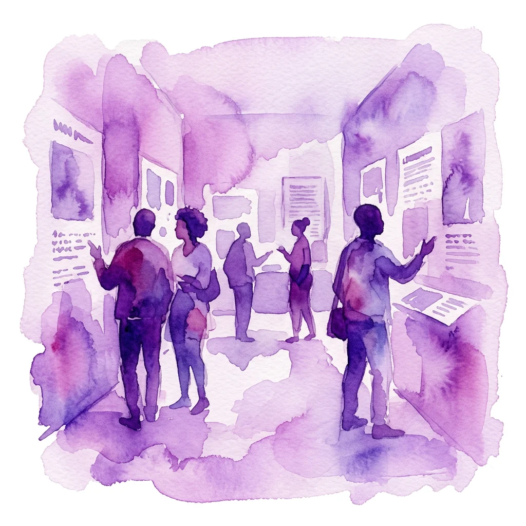 Ilustración en acuarela de visitantes en una galería de museo, contemplando las exposiciones expuestas. La escena está representada en tonos púrpuras y lavanda, reflejando una atmósfera contemplativa durante una exposición.