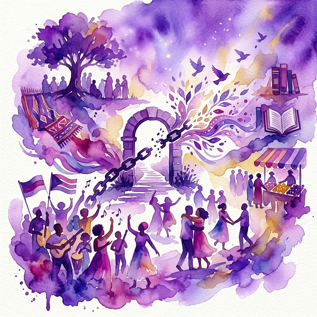 Een levendige aquarelillustratie die een viering van emancipatie uitbeeldt, met dansende mensen, muziek en een gebroken ketting die het einde van de slavernij symboliseert, naast culturele elementen zoals boeken, vlaggen en een boom.