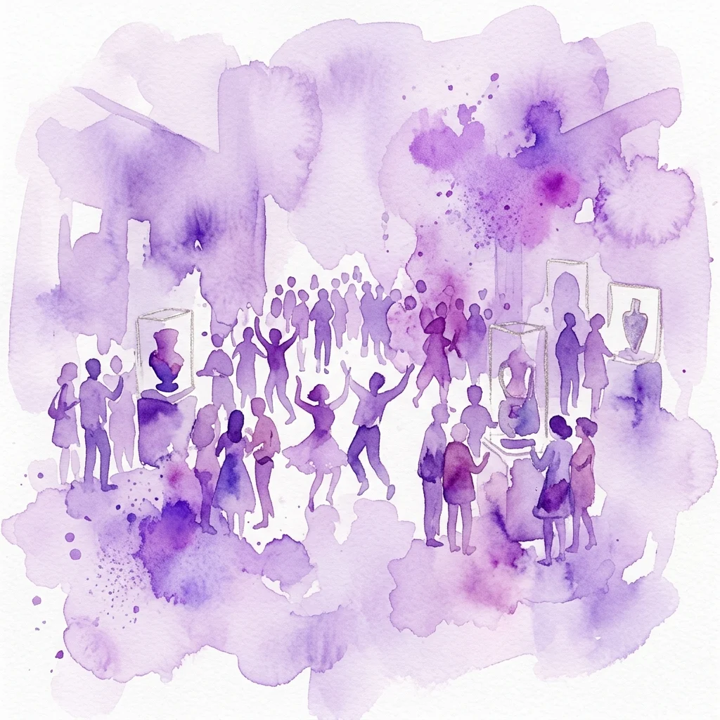 Una ilustración acuarela púrpura de una multitud diversa celebrando un evento, con gente bailando y observando exhibiciones de arte en un vibrante espacio comunitario.