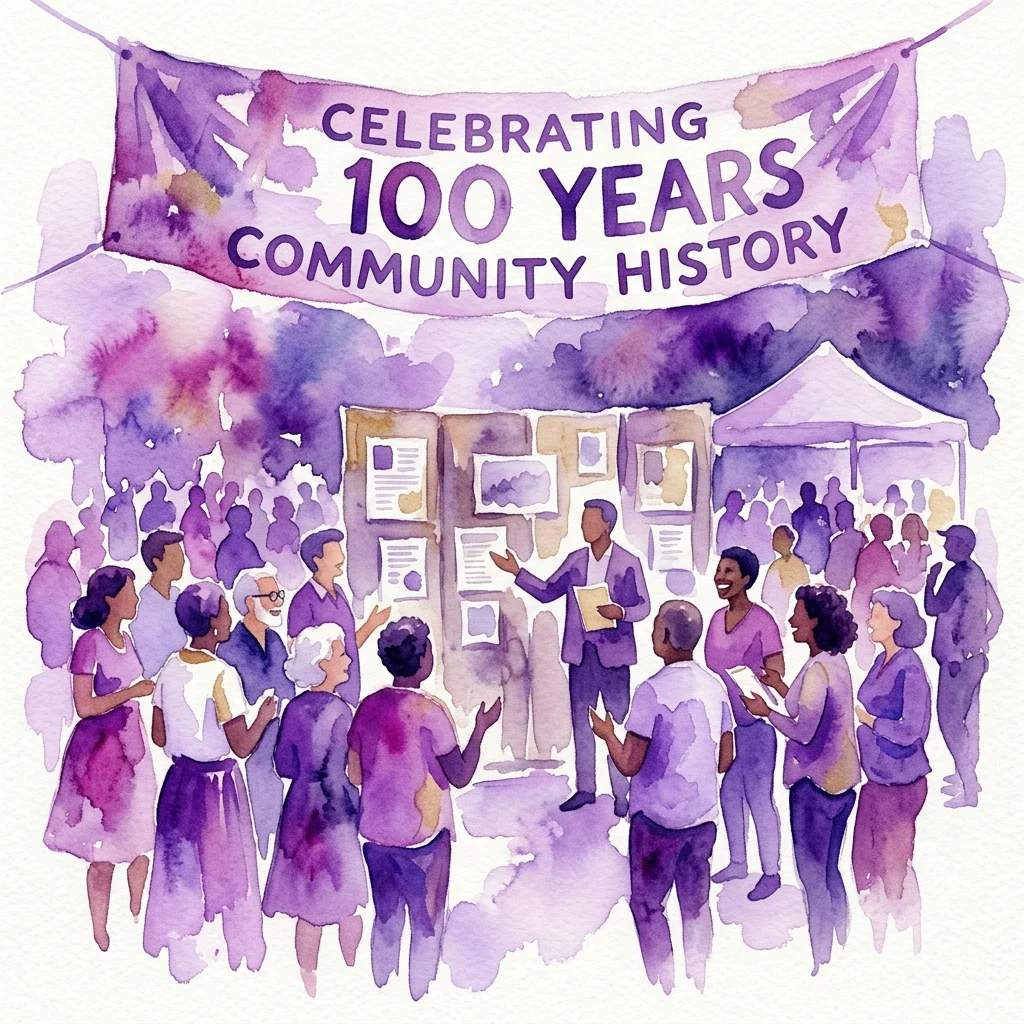 Una ilustración en acuarela de un festival comunitario que celebra 100 años de historia, con asistentes reunidos alrededor de una exposición temporal bajo un cartel que dice 'Celebrando 100 Años de Historia Comunitaria'.