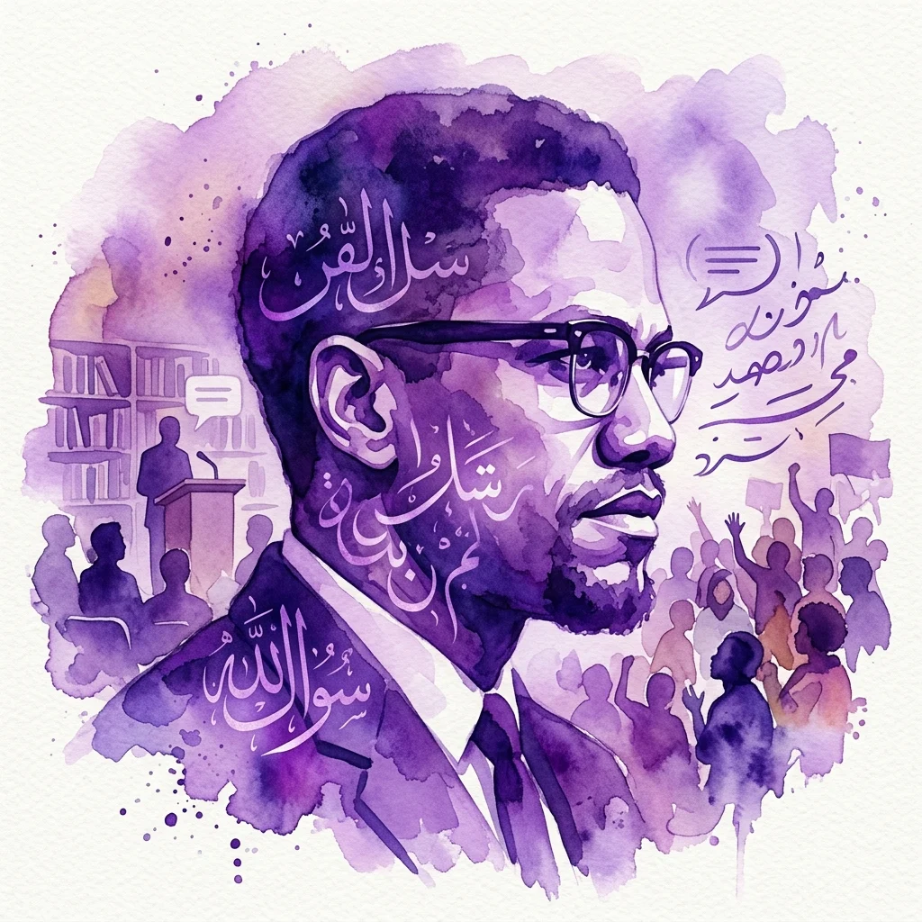 Un retrato en acuarela morada de Malcolm X de perfil, con caligrafía árabe y siluetas de una conferencia y una multitud, ilustrando su legado en las comunidades negra y musulmana.