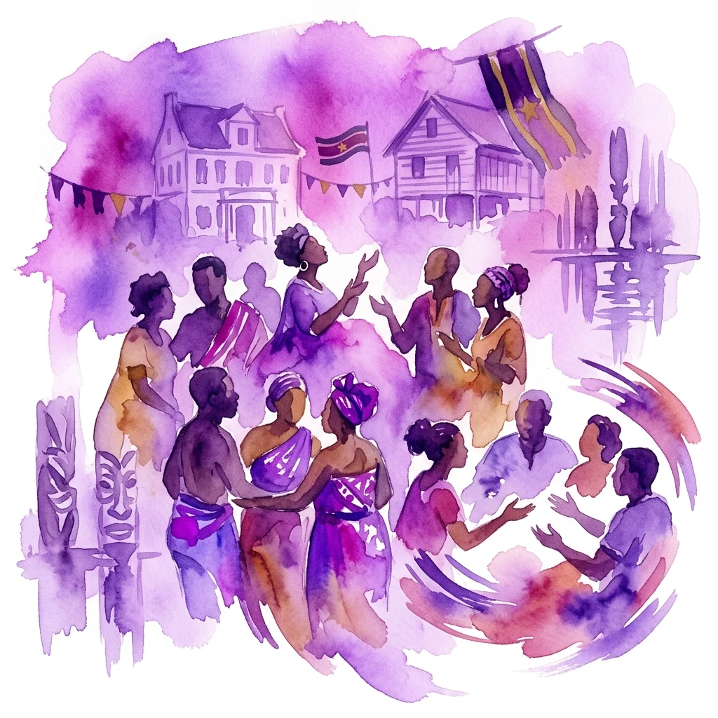 A watercolor illustration of a diverse group of people gathered for a cultural festival, with Surinamese flags and traditional houses in the background, celebrating the 101st anniversary of Vereniging Ons Suriname.
