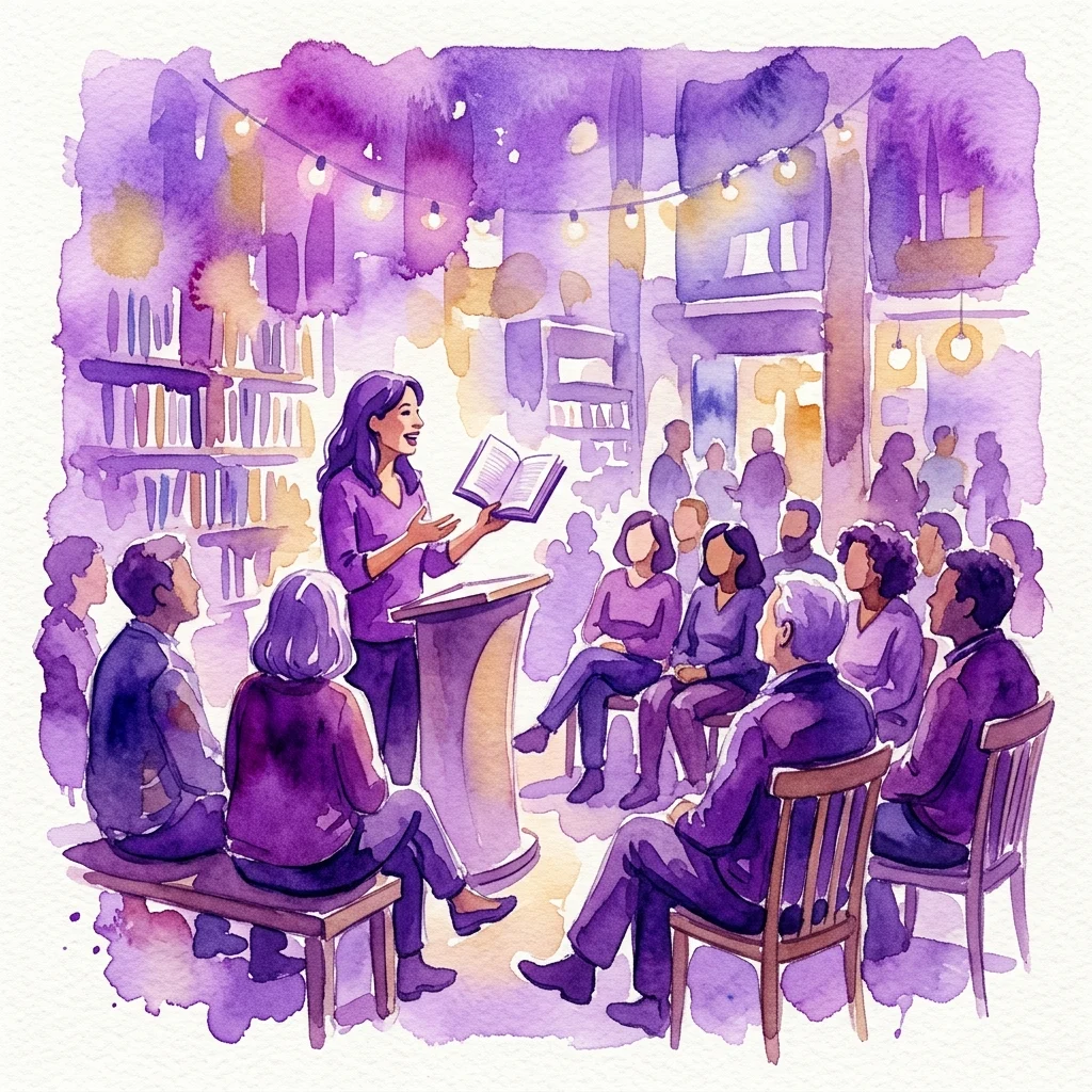Ilustracja akwarelowa wieczoru literackiego, przedstawiająca kobietę przemawiającą przy mównicy z otwartą książką, otoczoną przez uważną publiczność w ciepło oświetlonej przestrzeni kulturalnej ze sznurami lampek.
