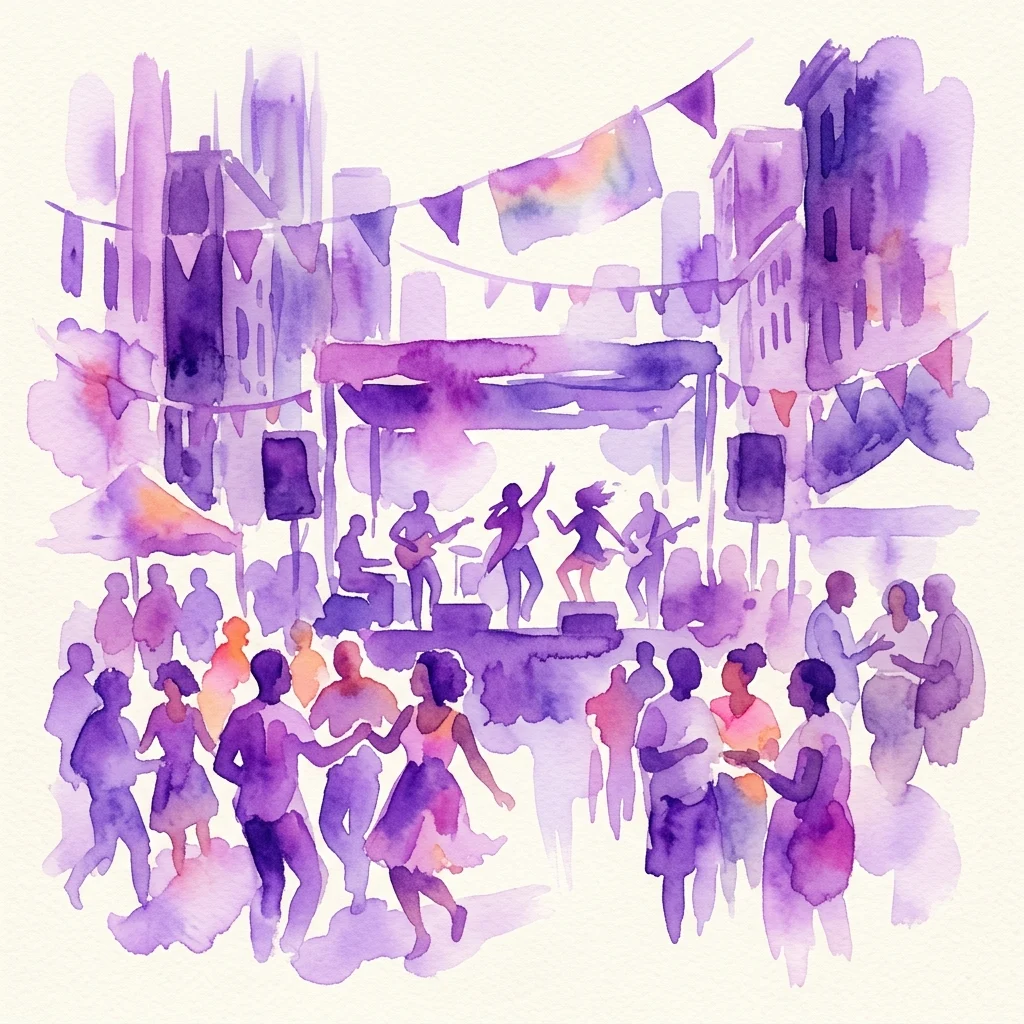 Ilustracja akwarelowa tętniącej życiem imprezy ulicznej celebrującej kulturę czarnych i queer, przedstawiająca scenę z muzykami, tańczące tłumy i tęczowe flagi w miejskim otoczeniu.