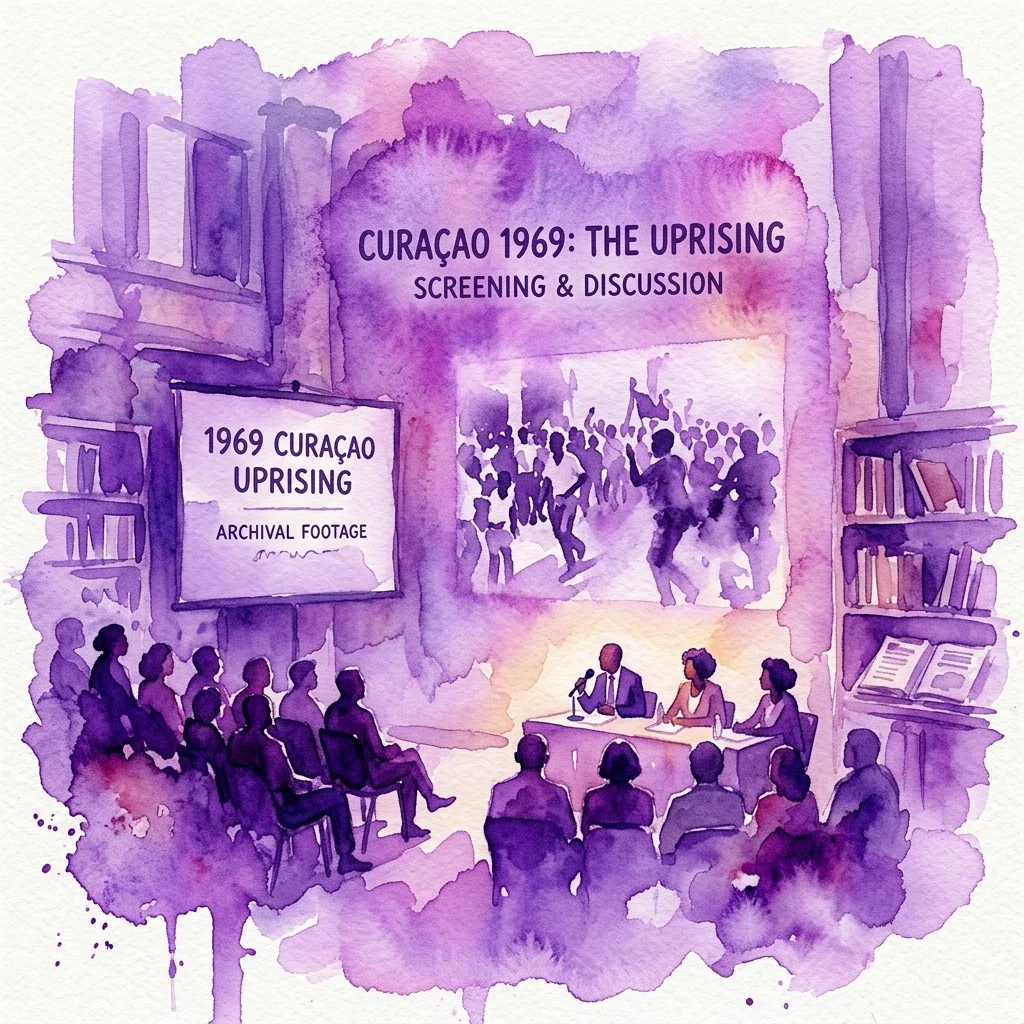 A watercolor illustration of a screening and discussion event for the 1969 Curaçao uprising, featuring archival footage and a panel discussion in a cultural archive space.