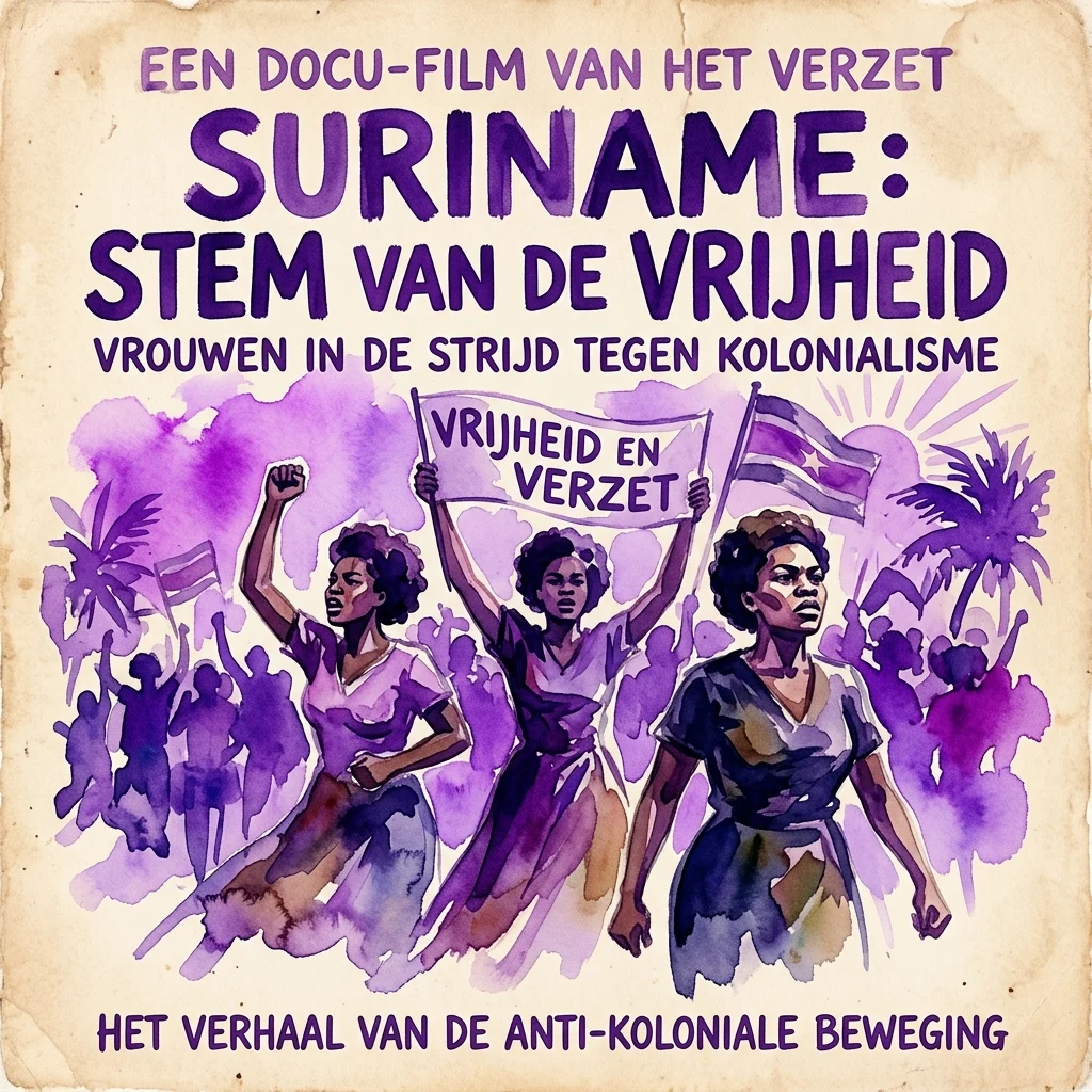 Plakat w stylu vintage dla filmu dokumentalnego 'Suriname: Stem van de Vrijheid' (Kobiety Surinamu), przedstawiający kobiety protestujące z transparentami i flagami, promujące antykolonialny opór.