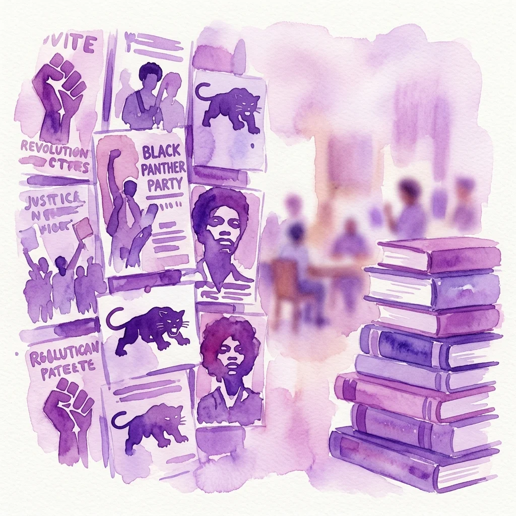 Una ilustración en acuarela que presenta carteles del Black Panther Party con lemas como "Revolución" y "Black Panther Party", junto a una pila de libros, evocando un espacio de reunión comunitario para el activismo y el conocimiento.