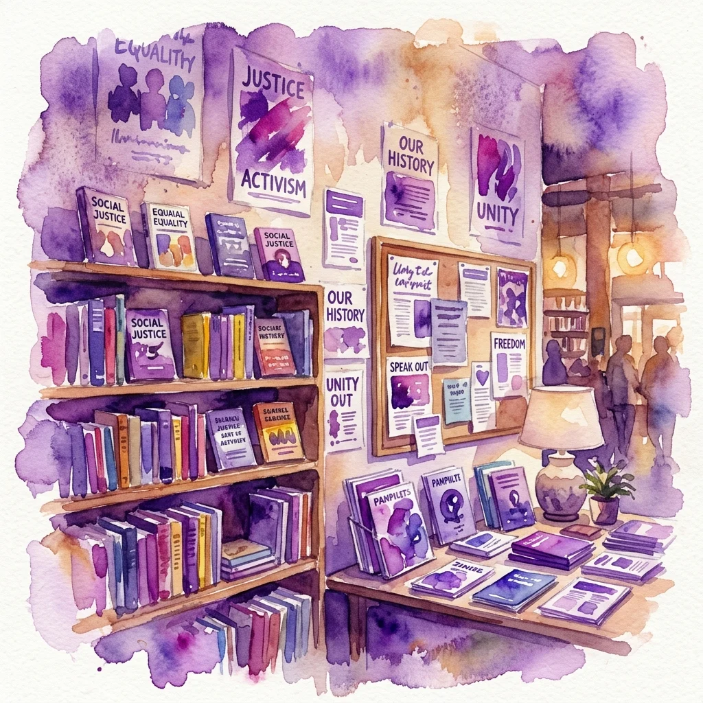 A watercolor illustration of a bookshelf and display table filled with books, pamphlets, and posters themed around social justice, activism, equality, and unity, with a bulletin board and warm lighting in the background.