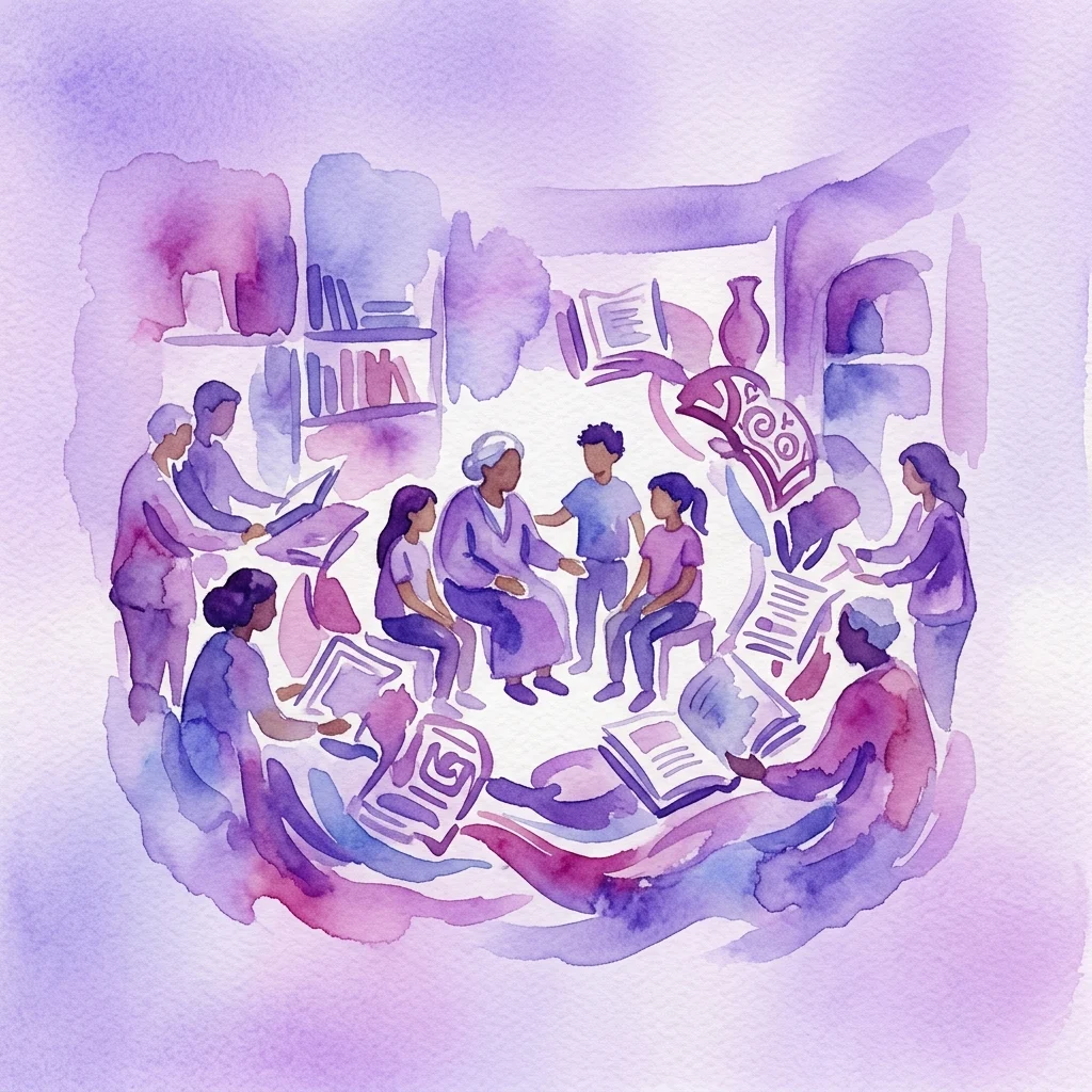 Een aquarelillustratie van diverse personen die in een cirkel zitten, in gesprek zijn en lezen, wat genezing en empowerment in een gemeenschapssetting symboliseert.