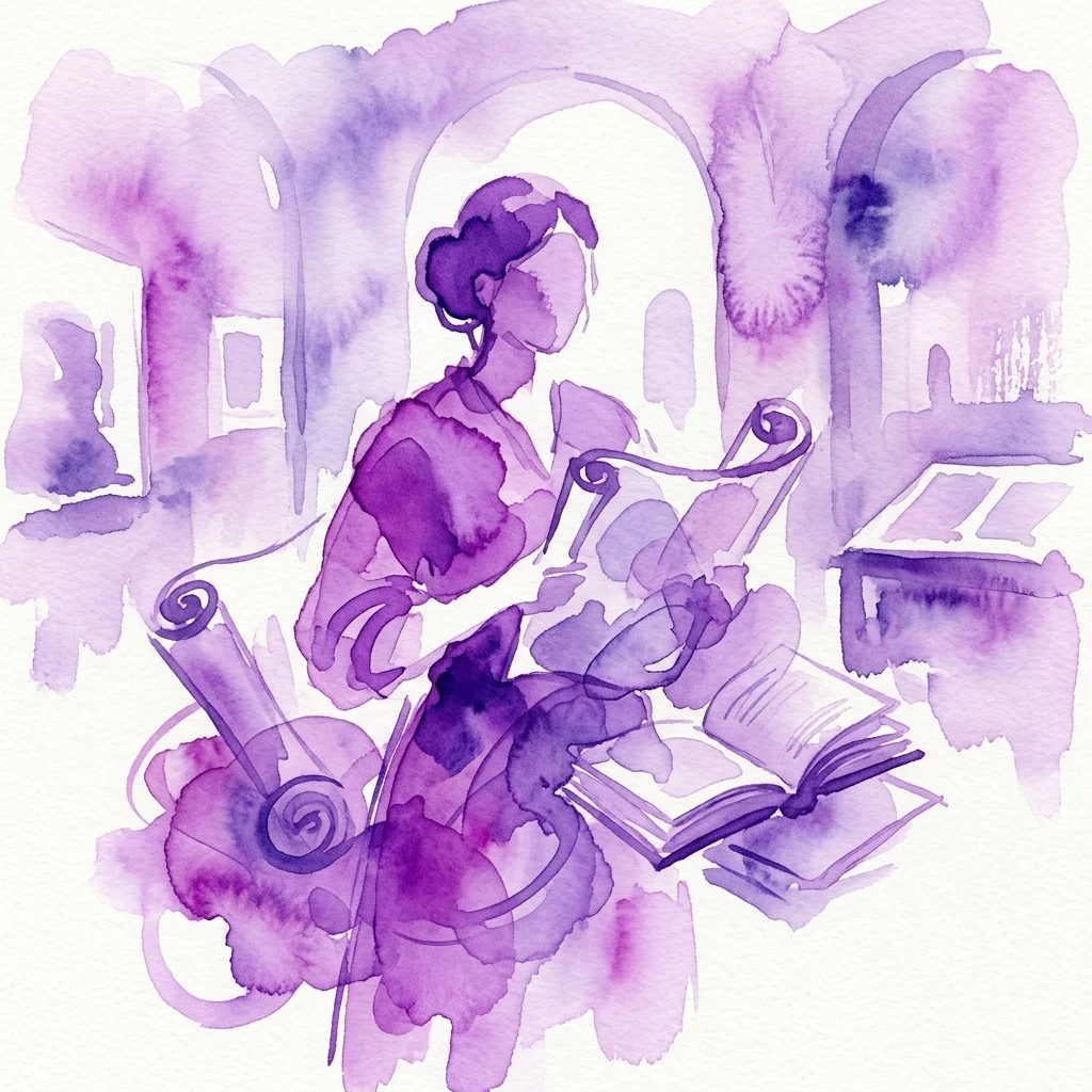 A purple watercolor illustration of a figure reading books and documents, symbolizing Anton de Kom's legacy of resistance and anti-colonialism during the Anton de Kom-Maand commemoration.