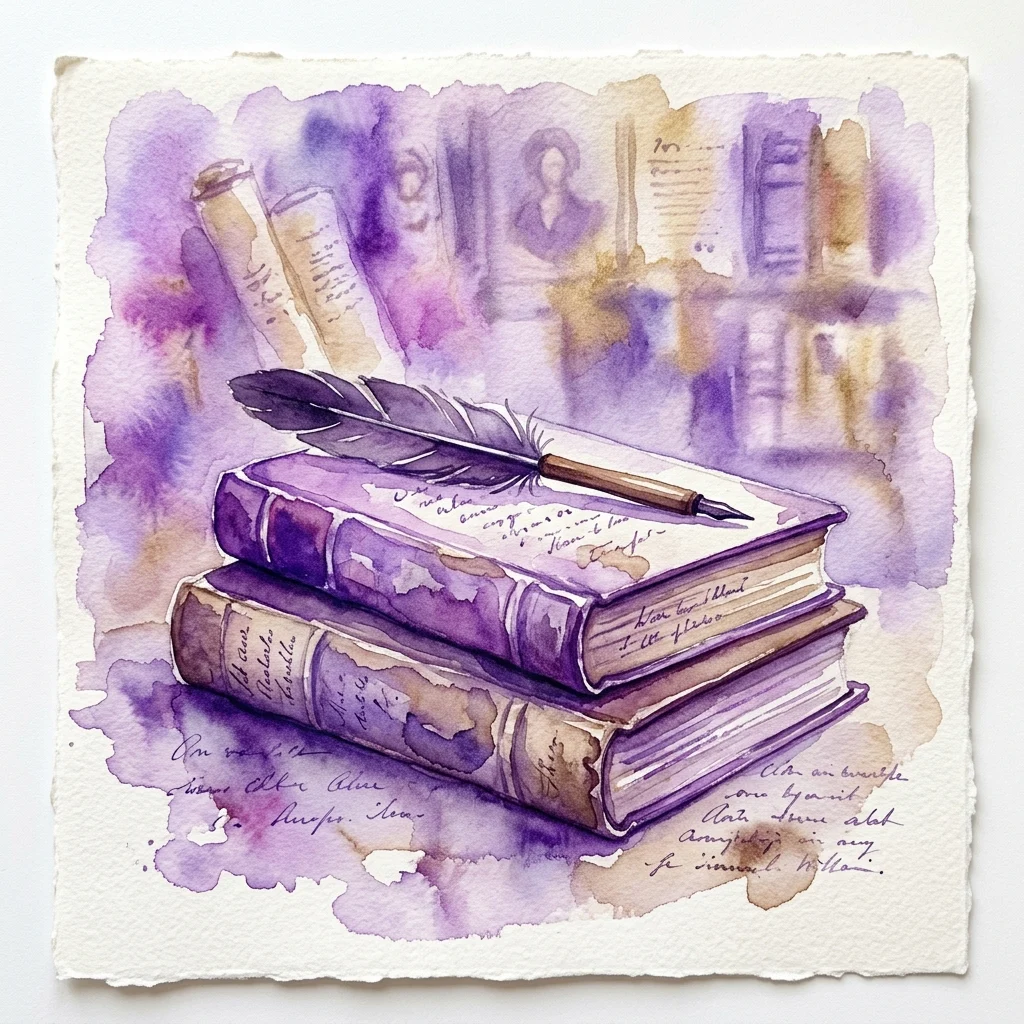 Una ilustración en acuarela de una pluma de ave descansando sobre una pila de libros viejos, con notas manuscritas y manchas de tinta descoloridas, evocando el legado de Anton de Kom y el concurso de escritura.