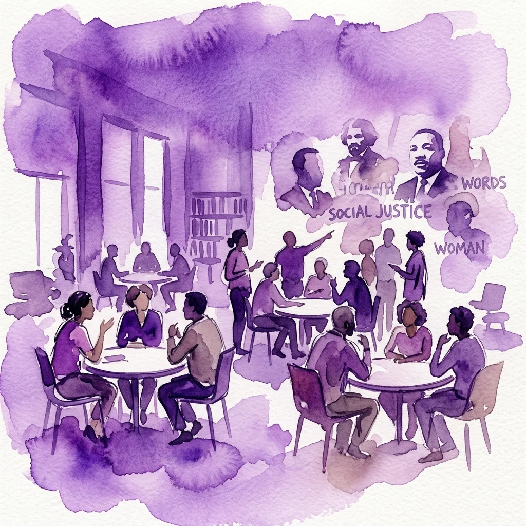 Een aquarelillustratie van een gemeenschapsbijeenkomst in een moderne culturele ruimte, met diverse individuen die rond tafels discussiëren, omringd door beelden van historische figuren en woorden als 'sociale rechtvaardigheid' en 'vrouw'.