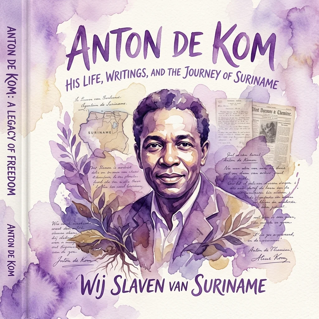 Boekcover van "Anton de Kom: Een Erfenis van Vrijheid", met een aquarelportret van Anton de Kom, een kaart van Suriname en historische documenten, met de titel "Wij Slaven van Suriname" onderaan.