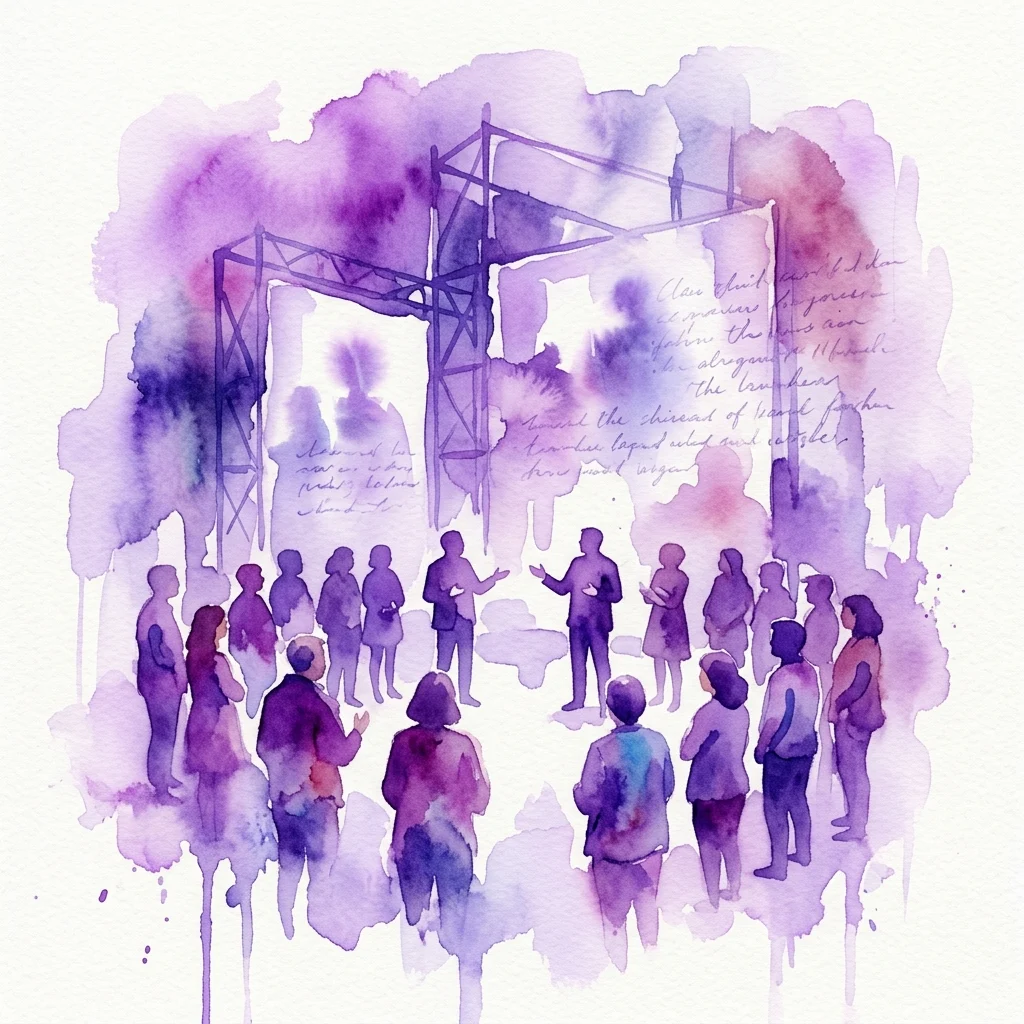 Una ilustración en acuarela de un recorrido dirigido por un artista en la exposición 'Wortu D'e Abra: Where Her Story Speaks', que muestra a un orador dirigiéndose a una audiencia diversa frente a una pantalla de proyección con texto escrito a mano.