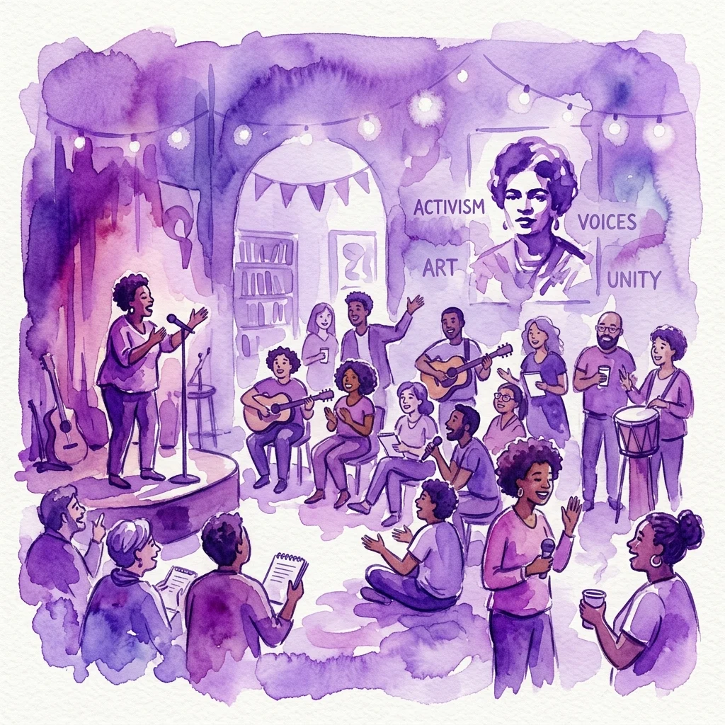 A vibrant watercolor illustration of a community gathering celebrating Assata Shakur, featuring diverse individuals engaged in poetry, music, and storytelling under string lights, with a portrait of Shakur and words like 'activism,' 'art,' and 'unity' in the background.