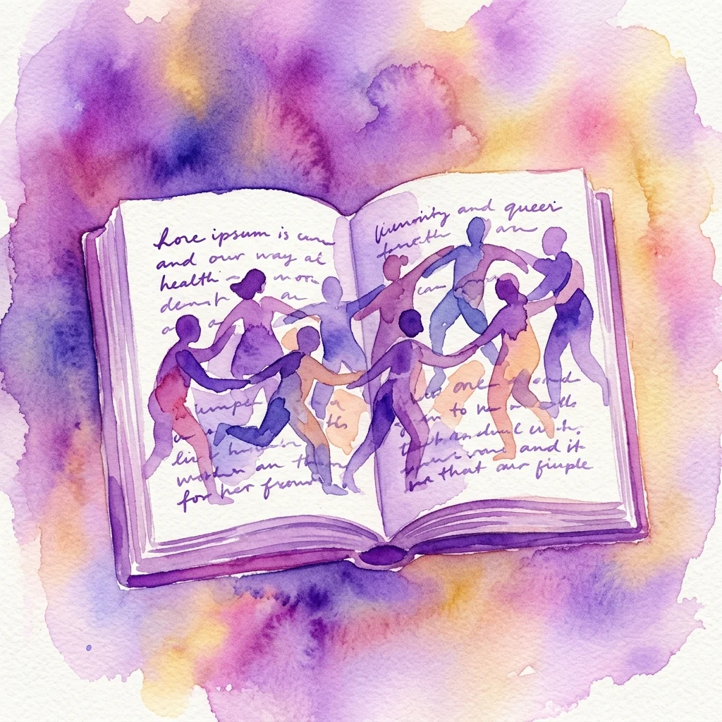 Een open boek met abstracte figuren die gemeenschap en queer identiteiten voorstellen, tegen een warme aquarel achtergrond, ter illustratie van de tentoonstelling 'Between Pages – Necessary Fiction' van Eloghosa Osunde.