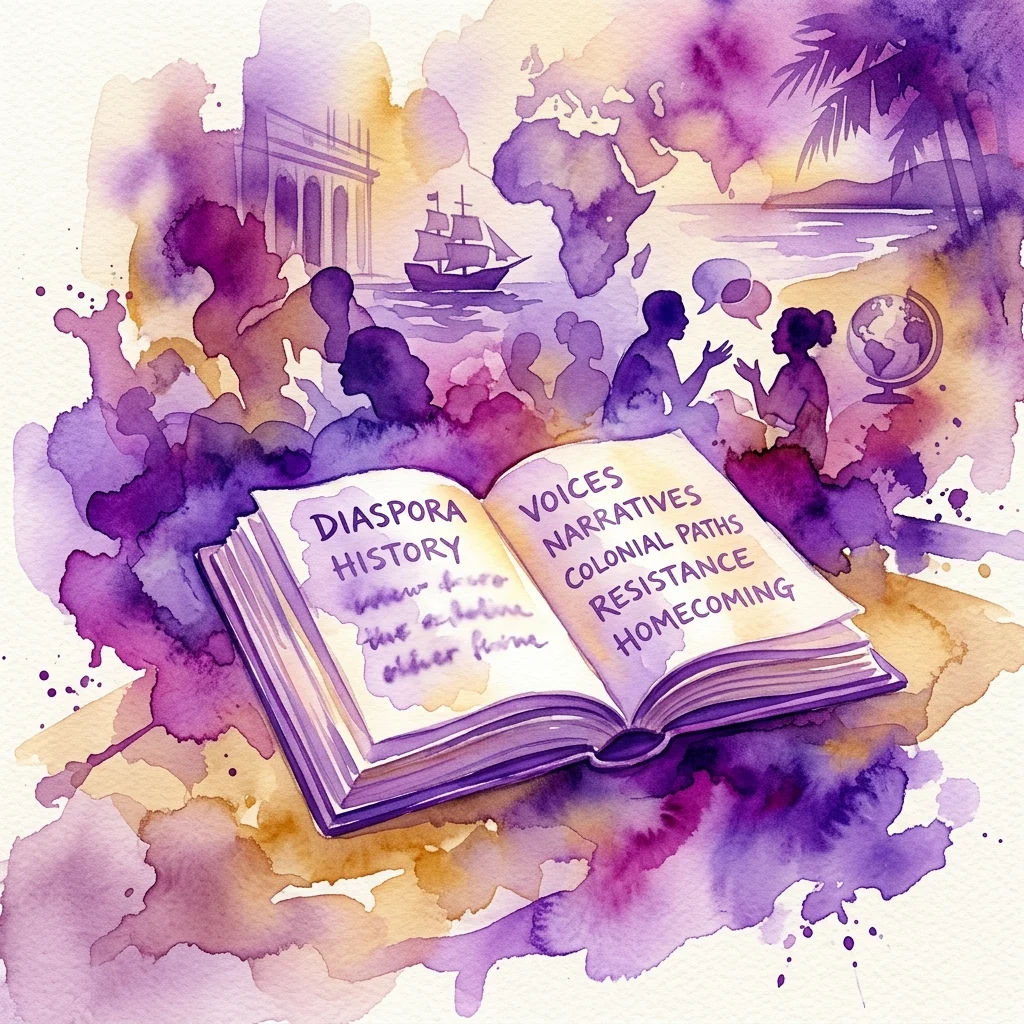 Un libro abierto con 'Historia de la Diáspora' y 'Voces, Narrativas, Caminos Coloniales, Resistencia, Regreso a Casa' en sus páginas, rodeado de siluetas, un barco y un mapa del mundo en un estilo de acuarela morado y dorado.