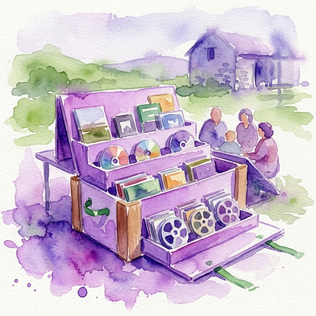 Een paarse draagbare archiefdoos, de Bibliobox, wordt uitgeklapt om boeken, cd's en filmrollen te tonen, met mensen die zich in een landelijke omgeving verzamelen, wat suggereert een gemeenschapsbetrokkenheidstentoonstelling.