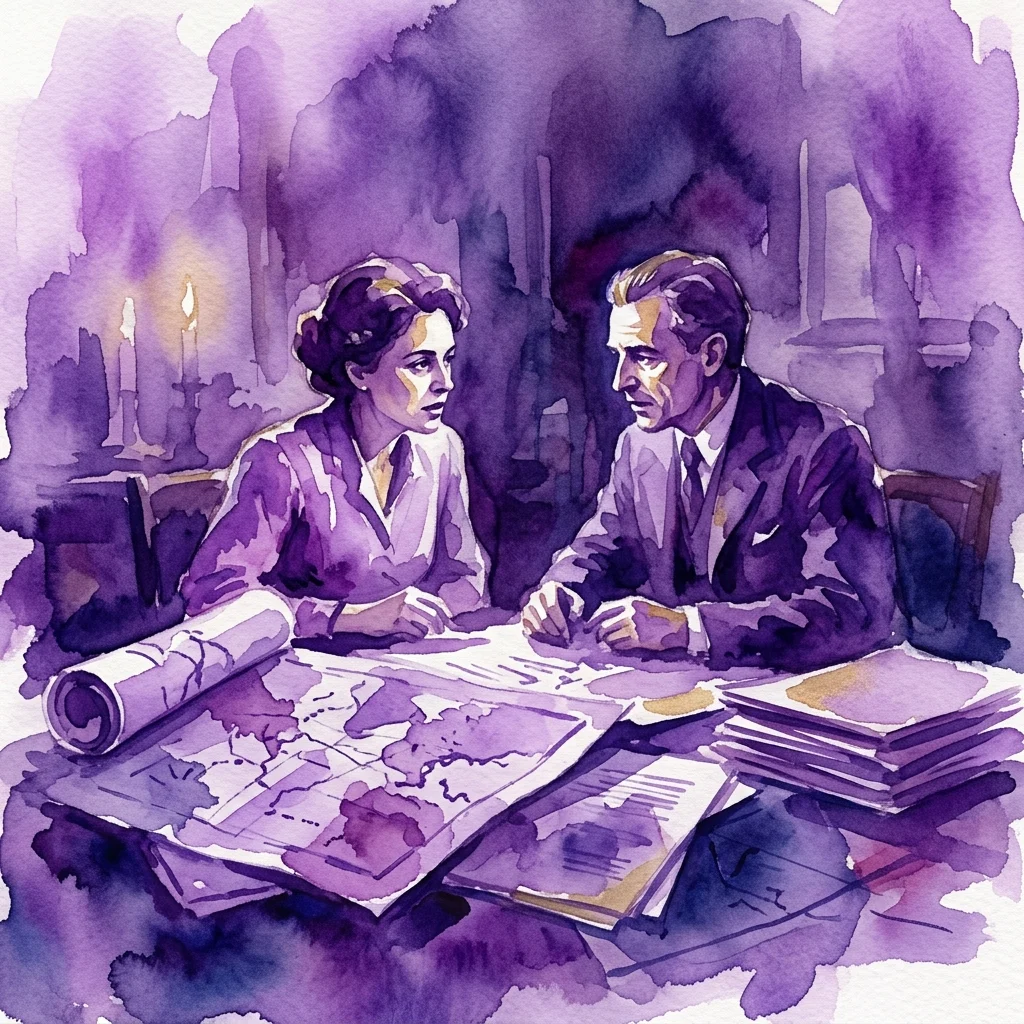Ilustracja akwarelowa Herminy i Otto Huiswoudów podczas tajnego spotkania, otoczonych mapami i dokumentami, symbolizująca ich rewolucyjną walkę z kolonializmem i nierównością.
