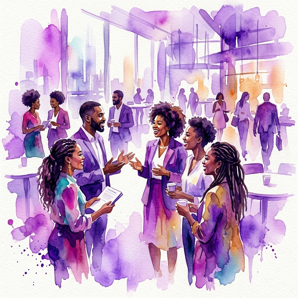 Ilustracja akwarelowa przedstawiająca zróżnicowanych profesjonalistów nawiązujących kontakty na Black Business Meeting 2022, z przedsiębiorcami z diaspor afrykańskiej, karaibskiej i surinamskiej w nowoczesnym wnętrzu.