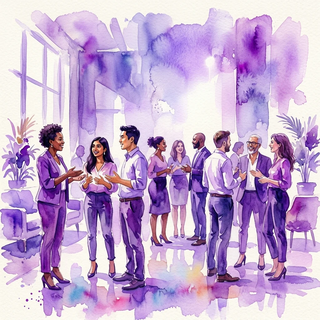 A watercolor illustration of diverse professionals networking at the Black Professional Meeting 2021, featuring individuals in business attire engaged in conversation within a modern event space.