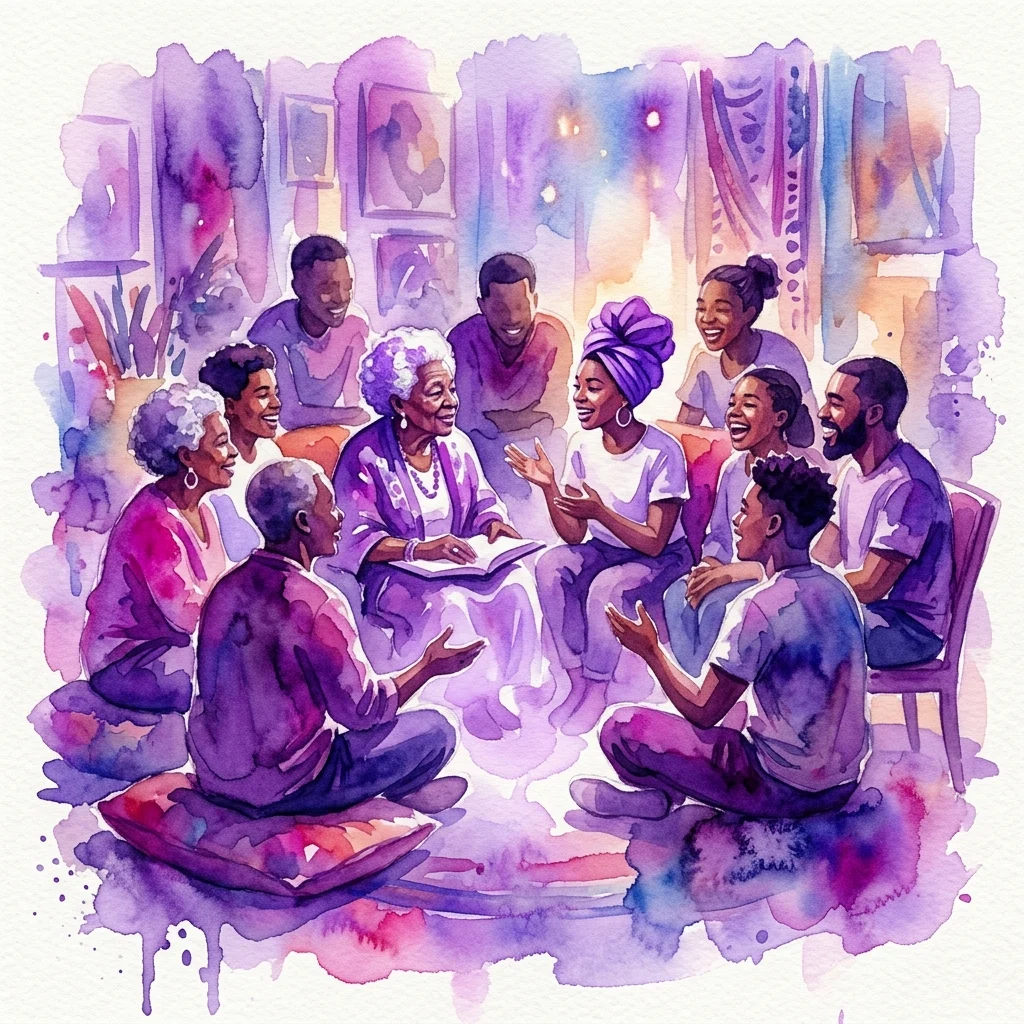 Una ilustración en acuarela de un grupo intergeneracional de personas negras queer inmersas en una conversación alegre, sentadas en círculo en un entorno vibrante y centrado en la comunidad.