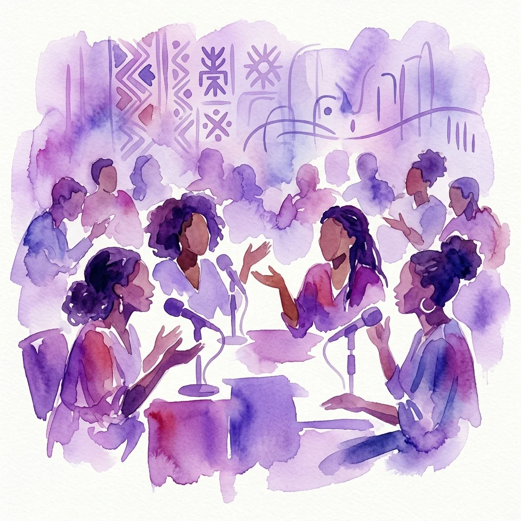A watercolor illustration of Black women in a podcast discussion, with microphones and cultural patterns in the background, promoting the BLACK_women podcast launch.