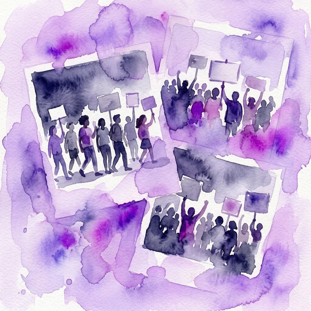 A watercolor illustration depicting black and white photographs of Black Lives Matter protests in Dutch cities, showing crowds holding signs and marching in solidarity.