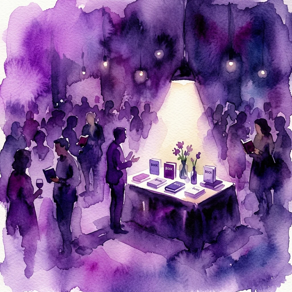 Watercolor illustration of a book launch event for 'Antonlogie,' with a spotlight on a table displaying books and attendees holding copies in a dimly lit, purple-hued room.