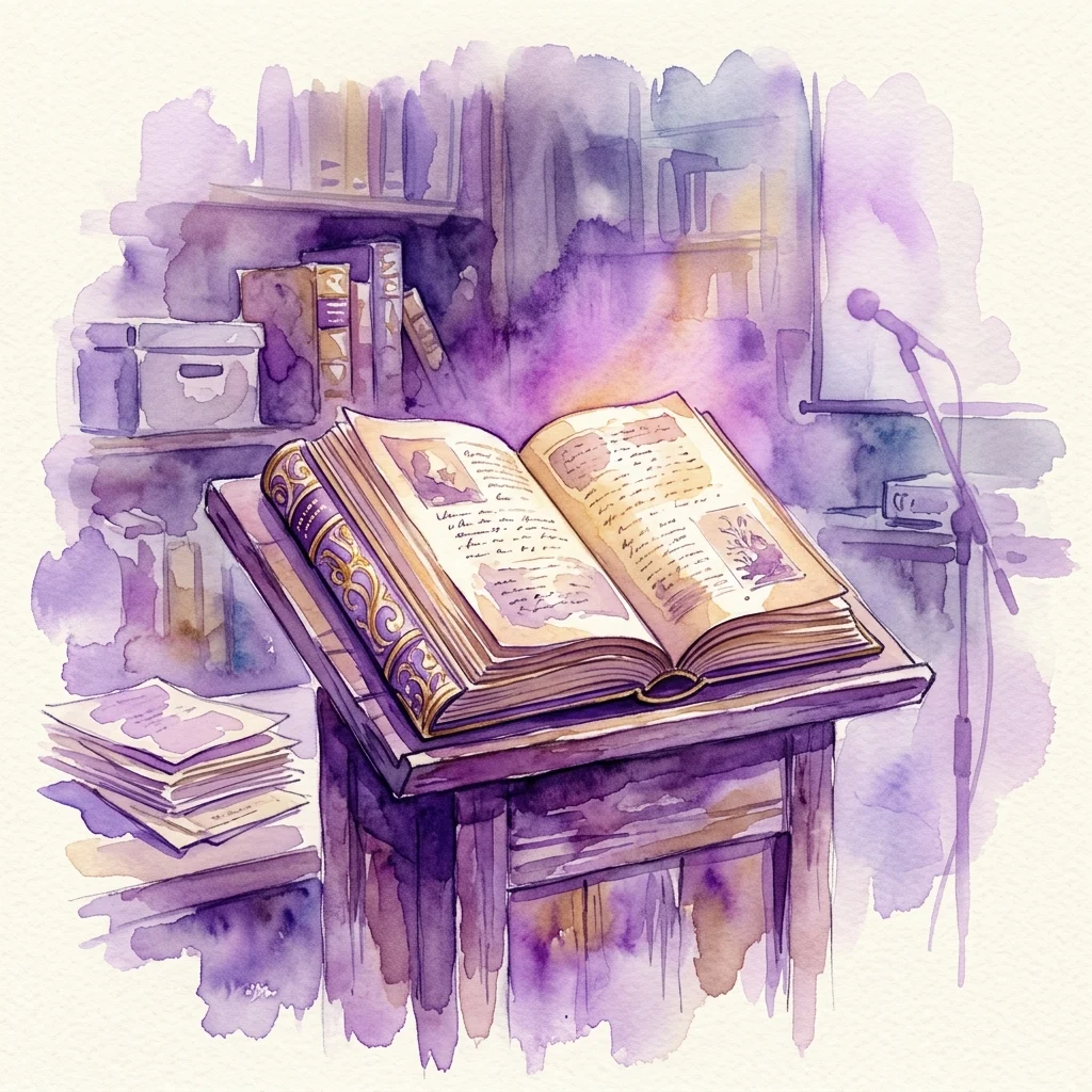 An open vintage book with ornate binding on a lectern, surrounded by archival documents and a microphone, illustrating a book presentation event.