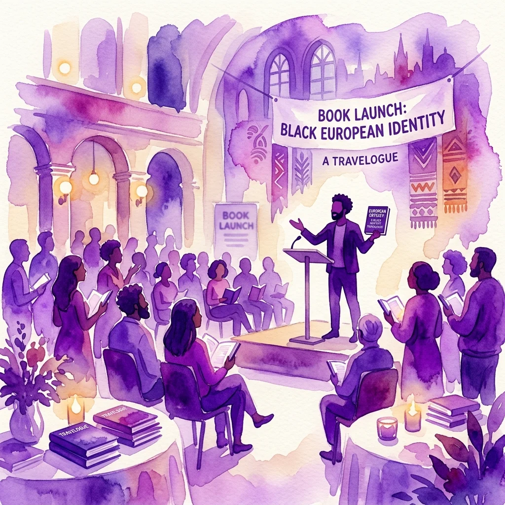 Een aquarelillustratie van een boekenlanceringsevenement voor 'Afropean: Notes from Black Europe' door Johny Pitts, met de auteur die achter een lessenaar spreekt tot een publiek in een culturele locatie.