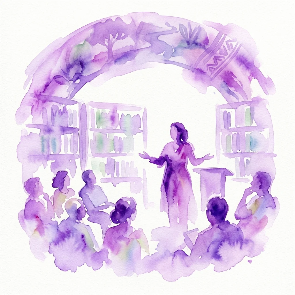 Watercolor illustration of a book launch event with a speaker presenting to an audience in a library setting, featuring purple and green hues and a circular composition.