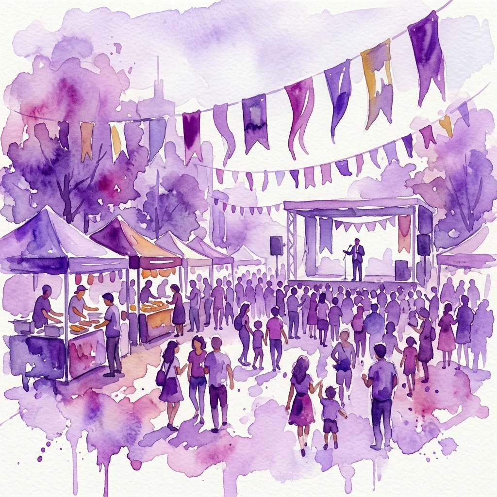 Waterverfillustratie van het Books & BBQ festival 2019, met een levendige bijeenkomst in de buitenlucht, eetkraampjes, een podium met een spreker en een divers publiek onder paarse en gele banieren.