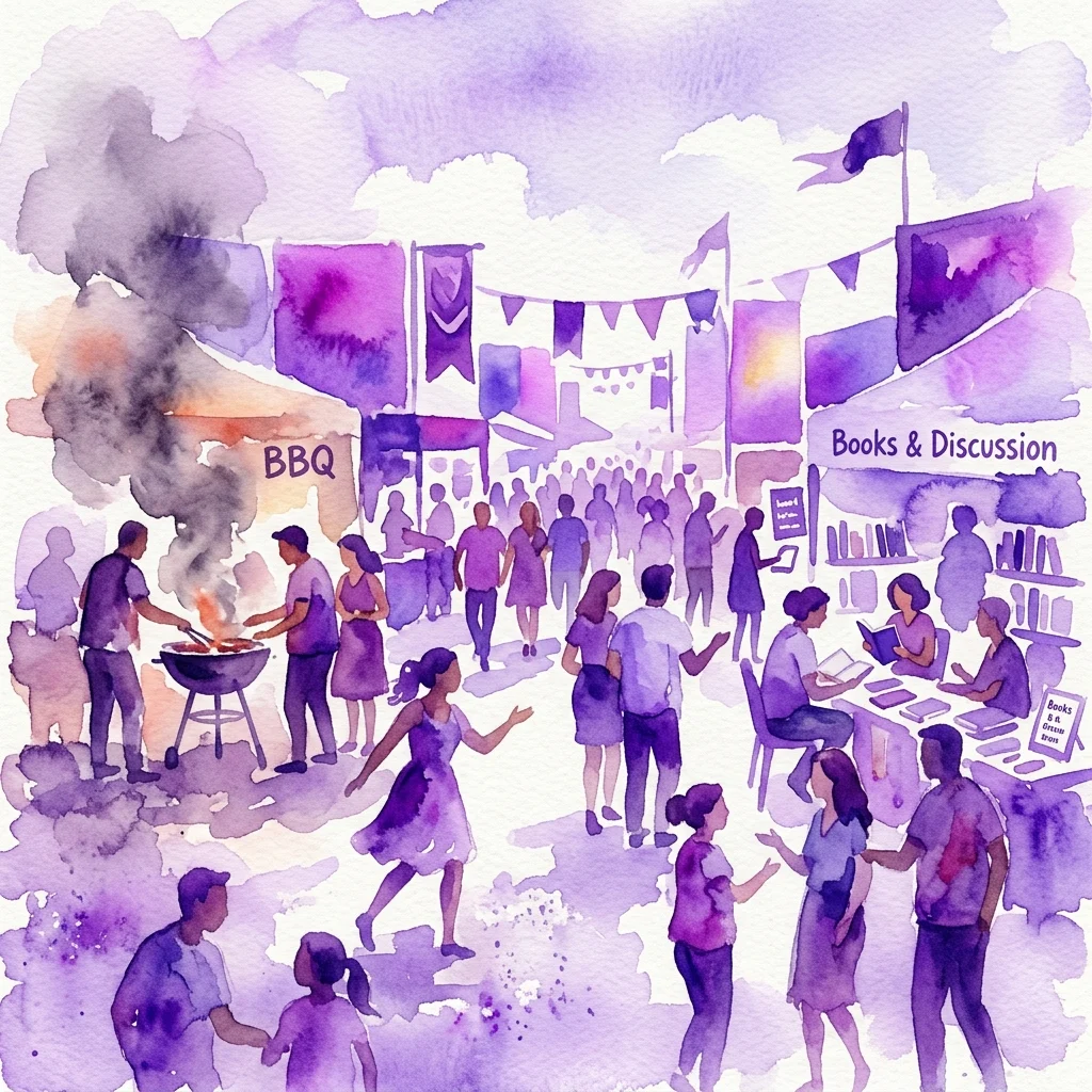 Ilustracja akwarelowa Festiwalu Książki i BBQ, przedstawiająca ludzi delektujących się grillowaniem, przeglądających książki i biorących udział w dyskusjach przy stoiskach plenerowych pod purpurowym niebem.