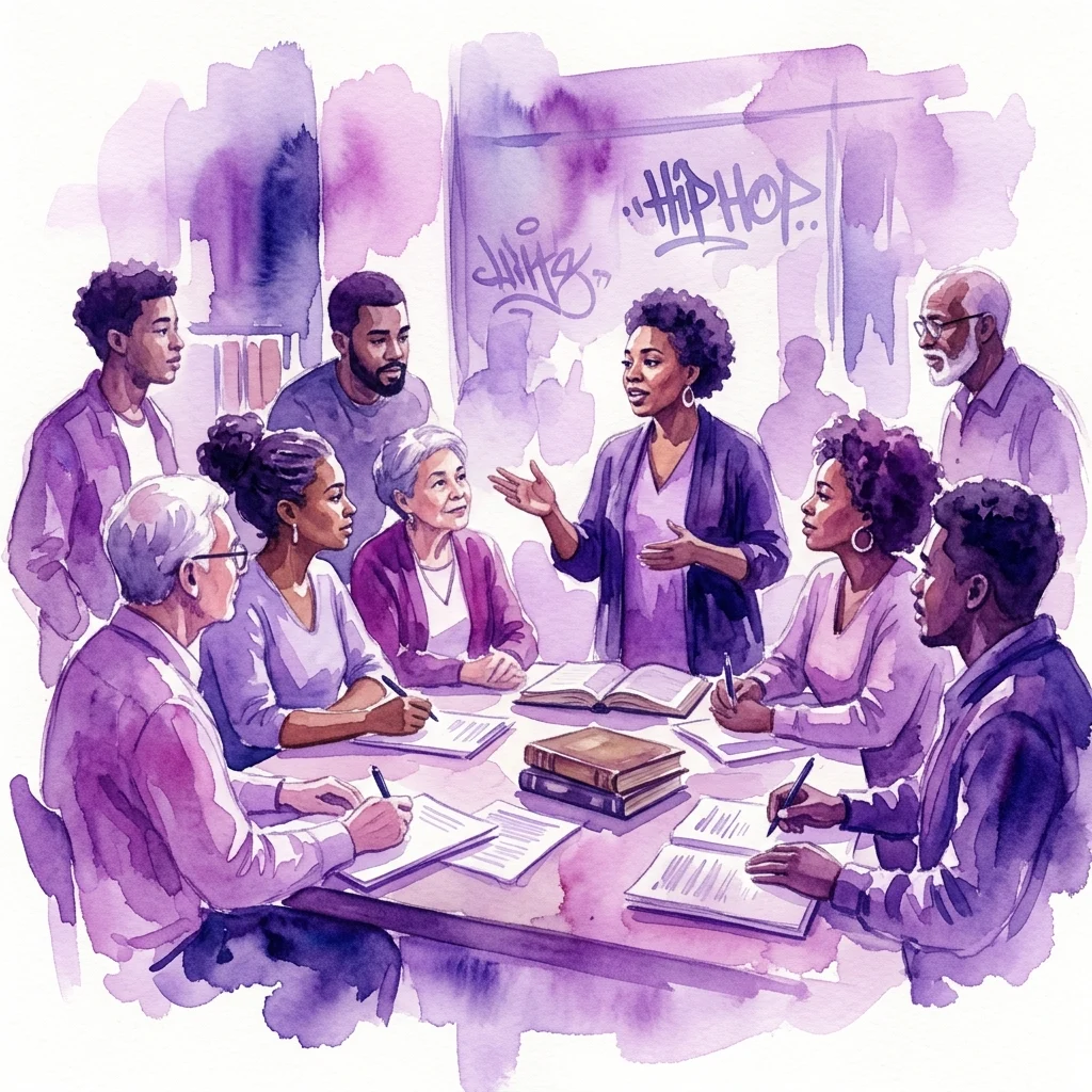 A diverse group of people engaged in a discussion around a table with books and notebooks, set against a purple watercolor background with "HIP HOP" graffiti, illustrating a community event on Black history and literature.