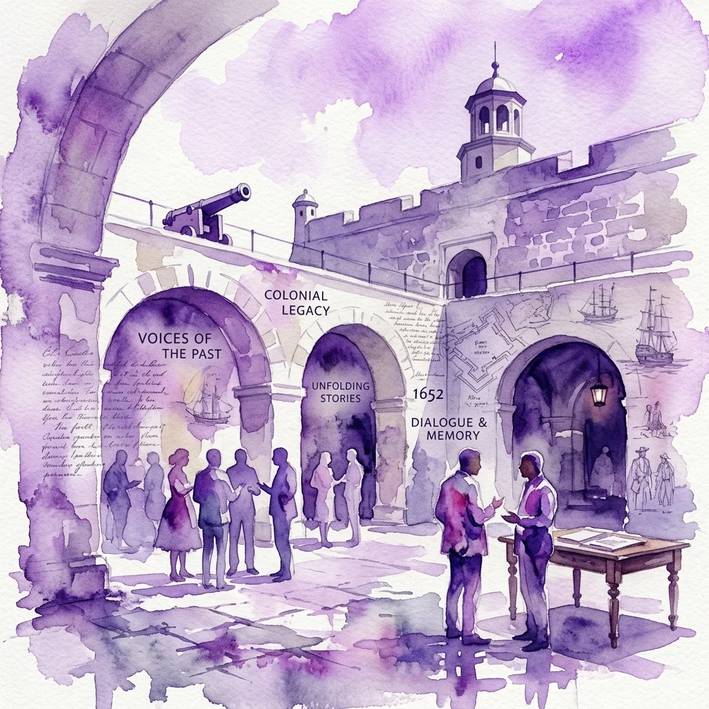 Een aquarelillustratie van het Kasteel de Goede Hoop met archiefelementen, met tekstlabels als 'Stemmen uit het Verleden' en 'Koloniale Erfenis', die een conceptuele tentoonstelling over slavernij in Nederlands-Indië in het Camissa Museum afbeelden.