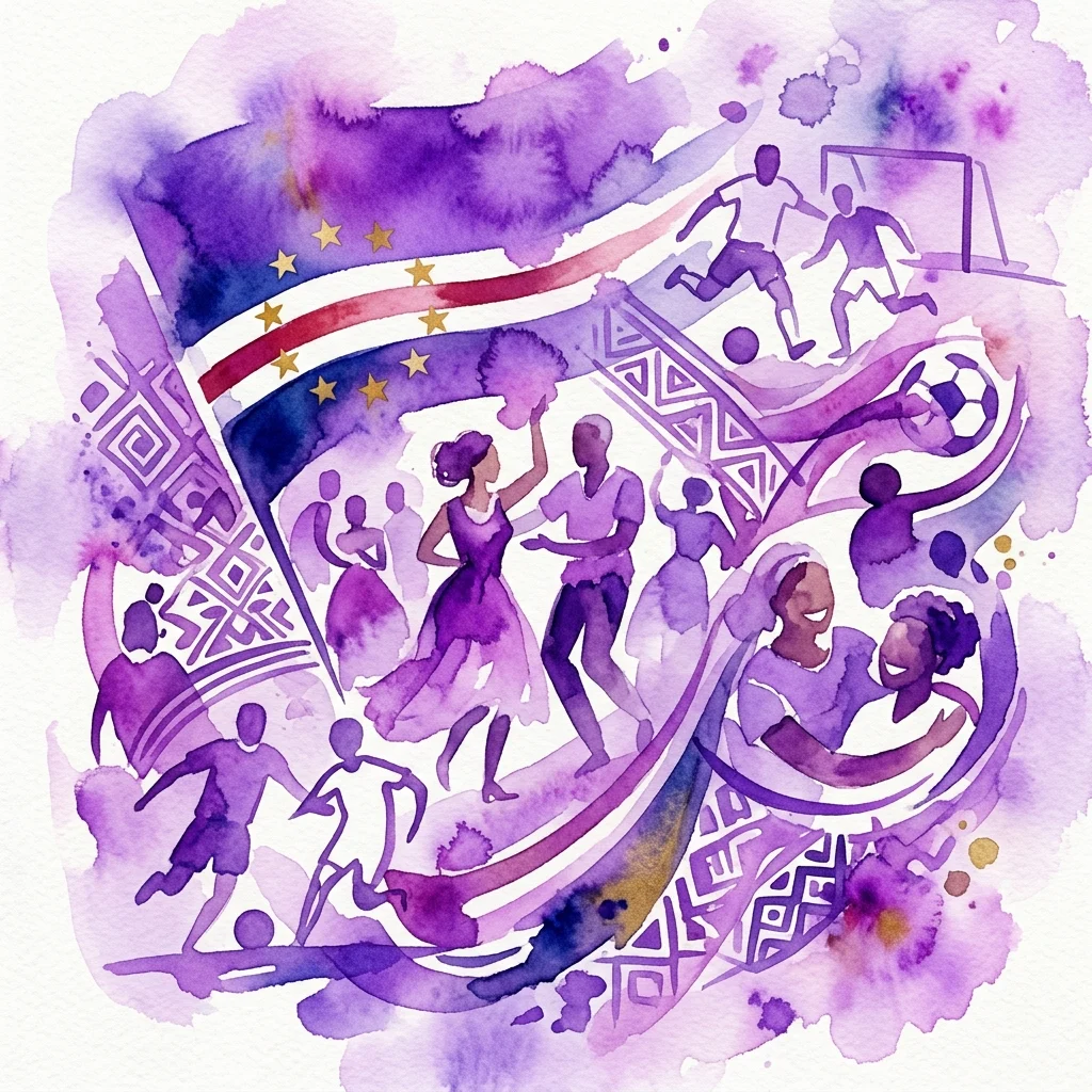 A vibrant watercolor illustration featuring the Cape Verdean flag, traditional dance, and football players, symbolizing Cape Verdean culture and community celebration.