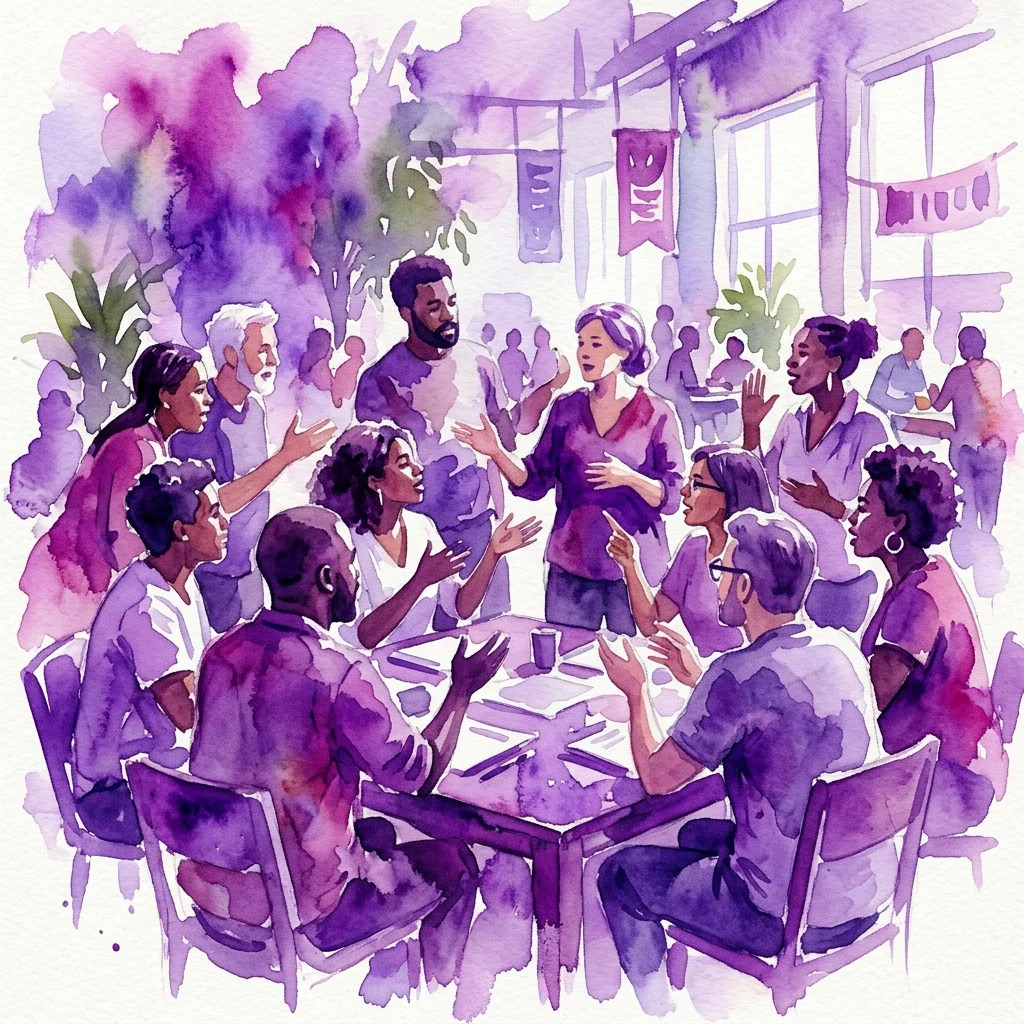 Een aquarelillustratie van een diverse groep mensen in levendige discussie rond een tafel, die gemeenschapsdialoog en politieke betrokkenheid symboliseert.