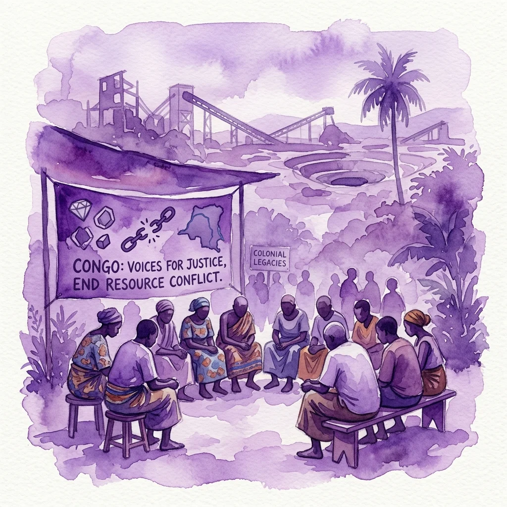 Una ilustración en acuarela de una reunión comunitaria discutiendo la crisis de derechos humanos en el Congo, con una pancarta que dice 'Congo: Voces por la Justicia, Fin al Conflicto de Recursos' y estructuras de minería industrial al fondo.
