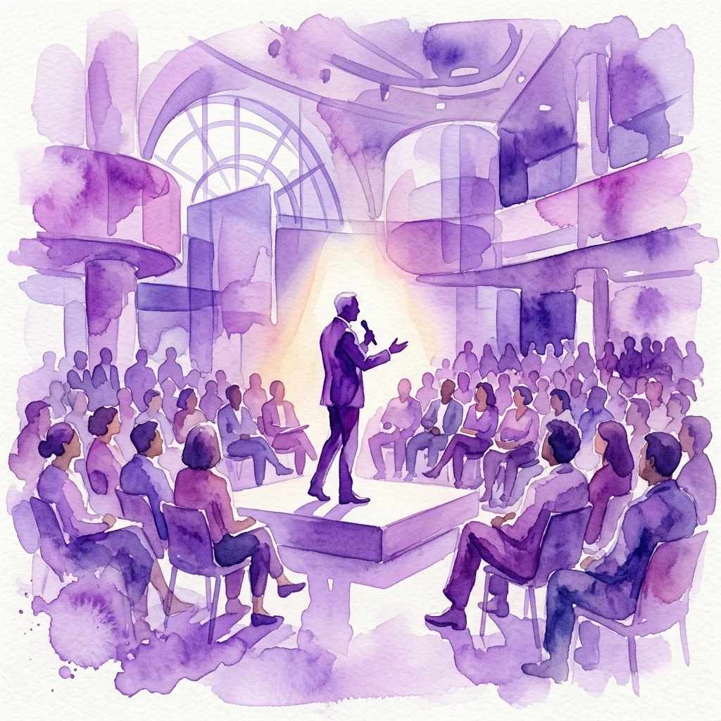 Ilustracja akwarelowa publicznego wykładu z mówcą na scenie przemawiającym do siedzącej publiczności w nowoczesnym, wielopoziomowym miejscu w odcieniach fioletu i bieli.