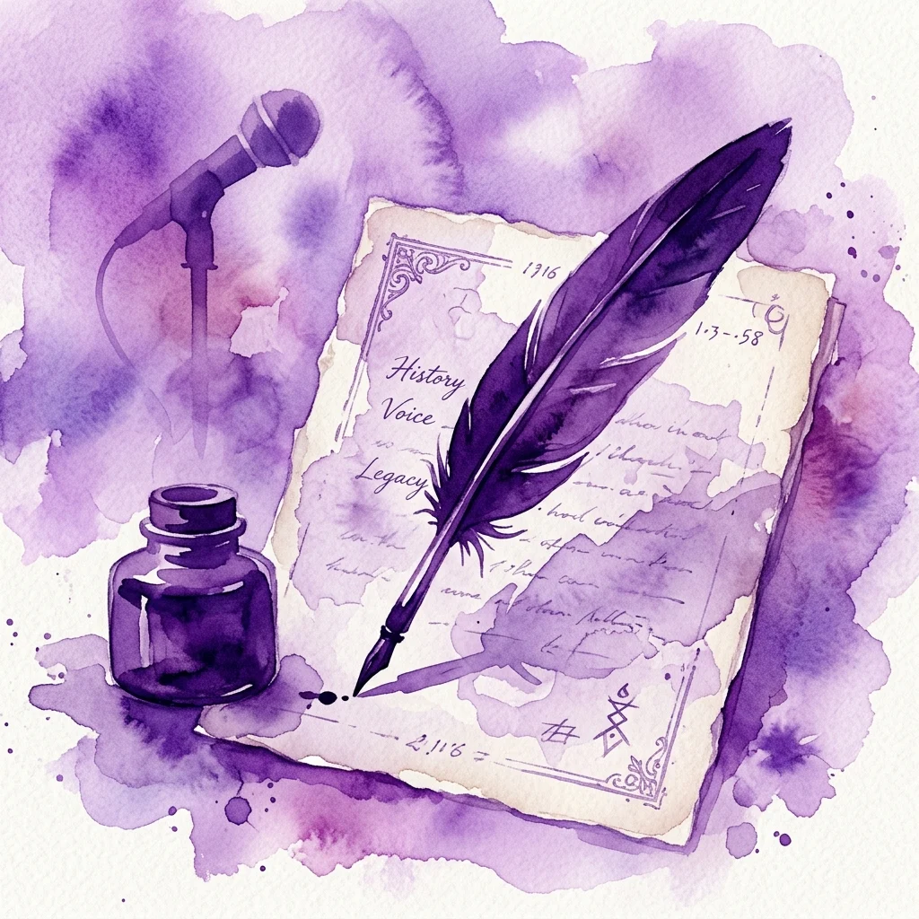 Una ilustración en acuarela de una pluma, tintero y manuscrito con un micrófono, que simboliza un evento de palabra hablada en honor al legado literario de Anton de Kom en Bijlmer.