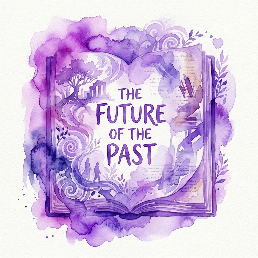 Un libro abierto titulado 'The Future of the Past' en acuarela púrpura, rodeado de patrones arremolinados, árboles y figuras, que representa una exploración temática de la reflexión histórica y la descolonización.