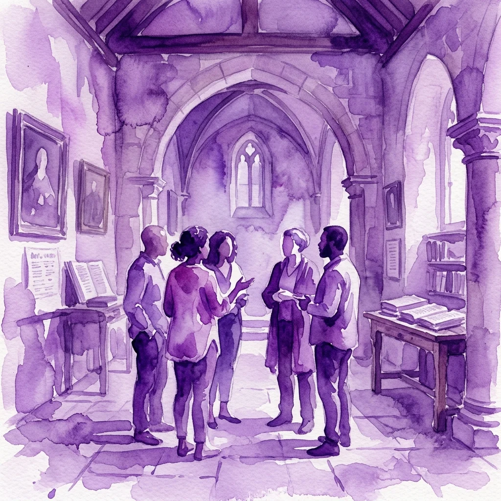 Una ilustración en acuarela de un grupo diverso de personas conversando dentro de una capilla histórica con muros de piedra abovedados, retratos enmarcados y documentos de archivo en exhibición.