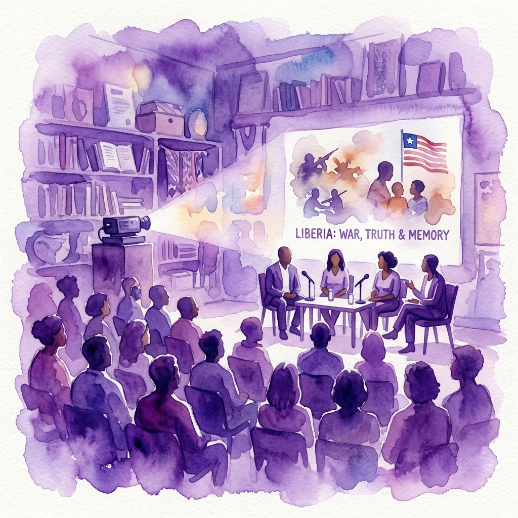 Een aquarelillustratie van een documentairevertoning en paneldiscussie over de oorlog, waarheid en herinnering in Liberia, met een Q&A met filmmaker Clarice Gargard in een cultureel archief.