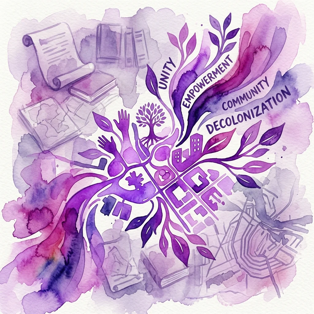 Una ilustración en acuarela púrpura que presenta las palabras 'UNIDAD', 'EMPODERAMIENTO', 'COMUNIDAD' y 'DESCOLONIZACIÓN' rodeadas de imaginería simbólica que incluye manos, un árbol, libros y elementos arquitectónicos, representando un enfoque decolonial para el desarrollo urbano.