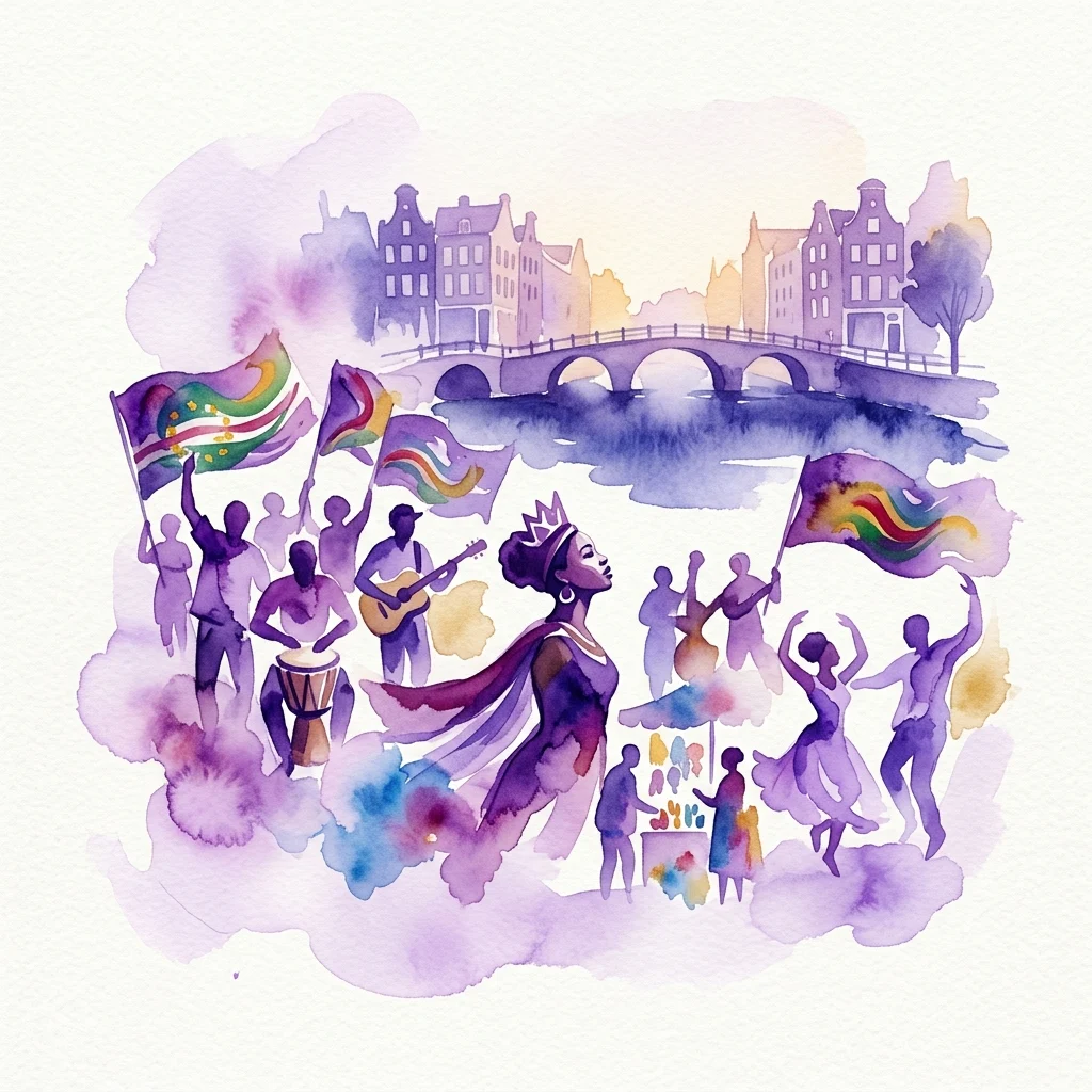 Ilustracja akwarelowa tętniącego życiem kulturalnego święta w Amsterdamie, przedstawiająca ludzi tańczących, grających muzykę i machających flagami Republiki Zielonego Przylądka, z kanałem i tradycyjnymi holenderskimi budynkami w tle.