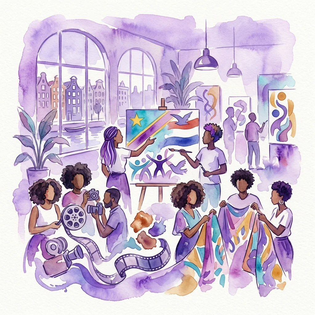 A watercolor illustration of young creatives from the Congolese diaspora in the Netherlands, engaging in art, film, and design activities to celebrate Congolese independence and its legacy.