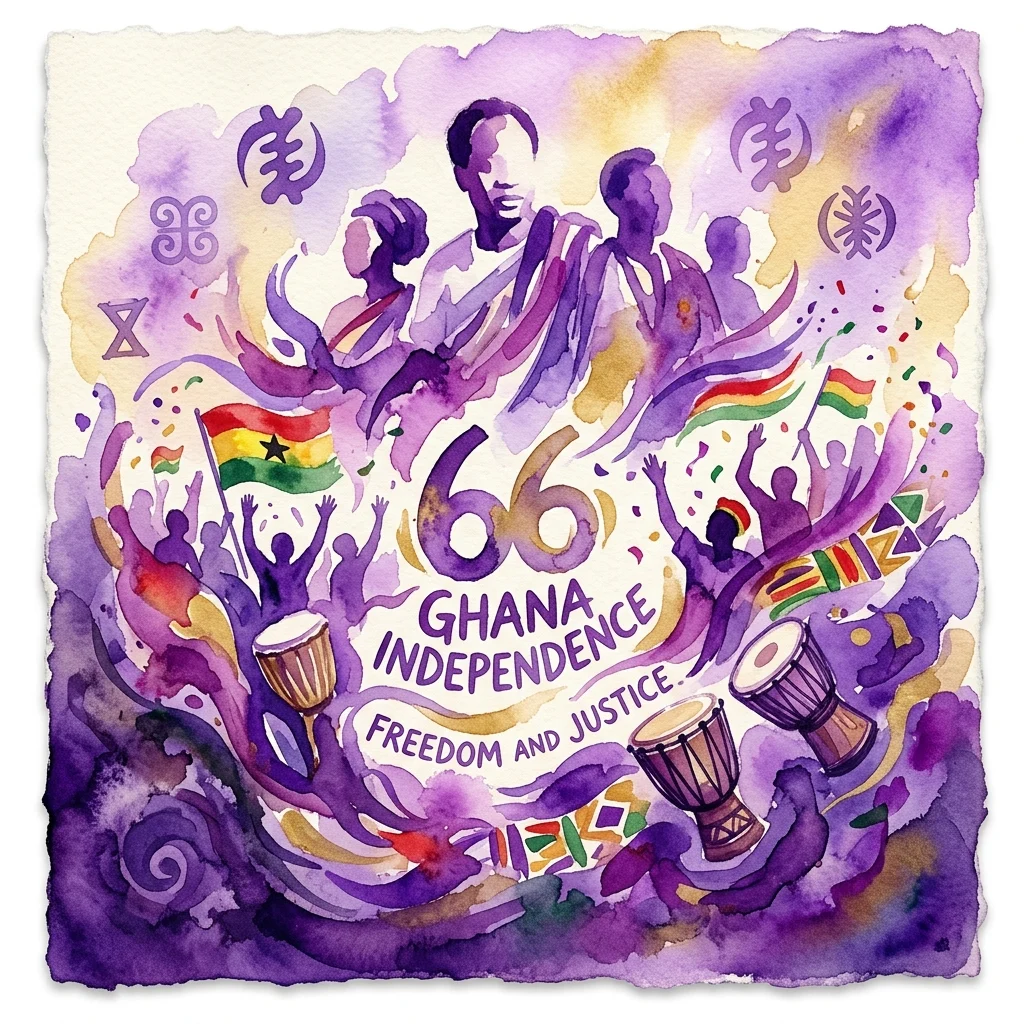 Ilustracja akwarelowa upamiętniająca Dzień Niepodległości Ghany, przedstawiająca liczbę 66, ghanańskie flagi, tradycyjne bębny, sylwetki ludzi oraz symbole wolności i sprawiedliwości.