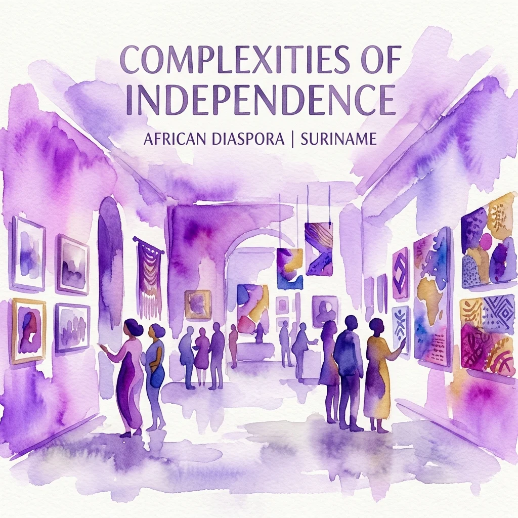 Watercolor illustration of an art gallery with visitors viewing artworks, titled 'Complexities of Independence: African Diaspora | Suriname', depicting a contemporary exhibition on colonial history and liberation movements.