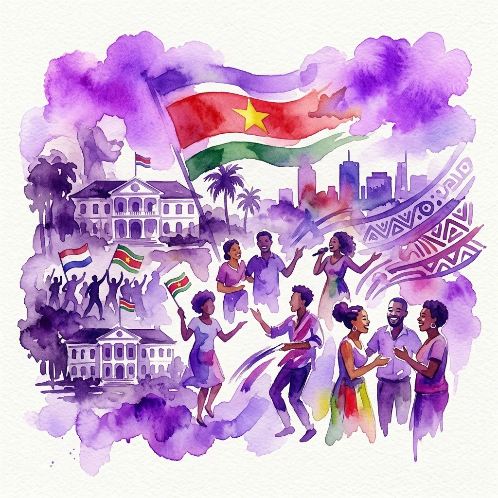 Ilustracja akwarelowa upamiętniająca niepodległość Surinamu, przedstawiająca flagę Surinamu, zabytkowe budynki, tańczących i śpiewających ludzi oraz motywy kulturowe, reprezentująca wystawę „Echoes of Independence: Suriname”.
